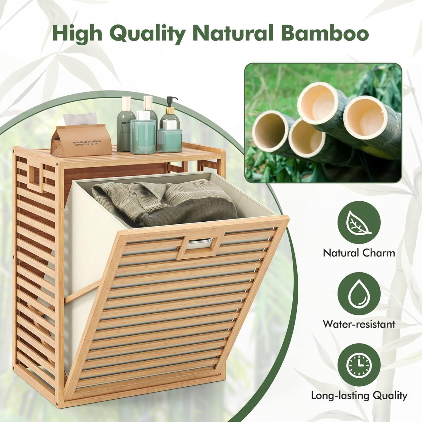 Giantex Tilt Out Laundry Hamper, Bamboo Laundry Storage Cabinet with Removable & Foldable Fabric Bin, Top Shelf, Laundry Basket Organizer for Bathroom, Laundry Room, Living Room, Bedroom, Natural