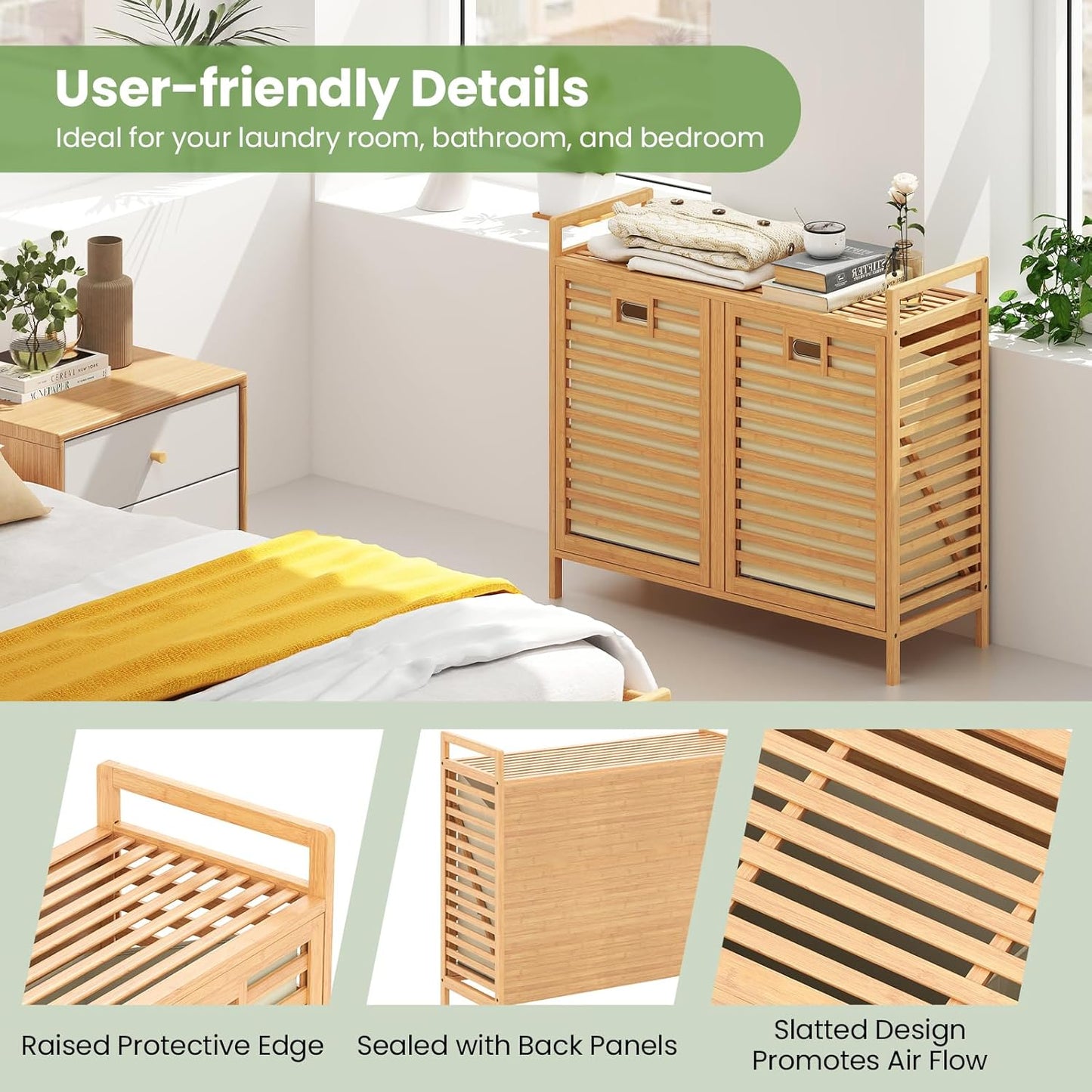 Giantex Tilt Out Laundry Hamper, 20 Gal Bamboo Laundry Storage Cabinet with 2 Removable & Foldable Fabric Bins, Top Shelf, Pull Out Laundry Basket Organizer for Bathroom, Living Room, Bedroom