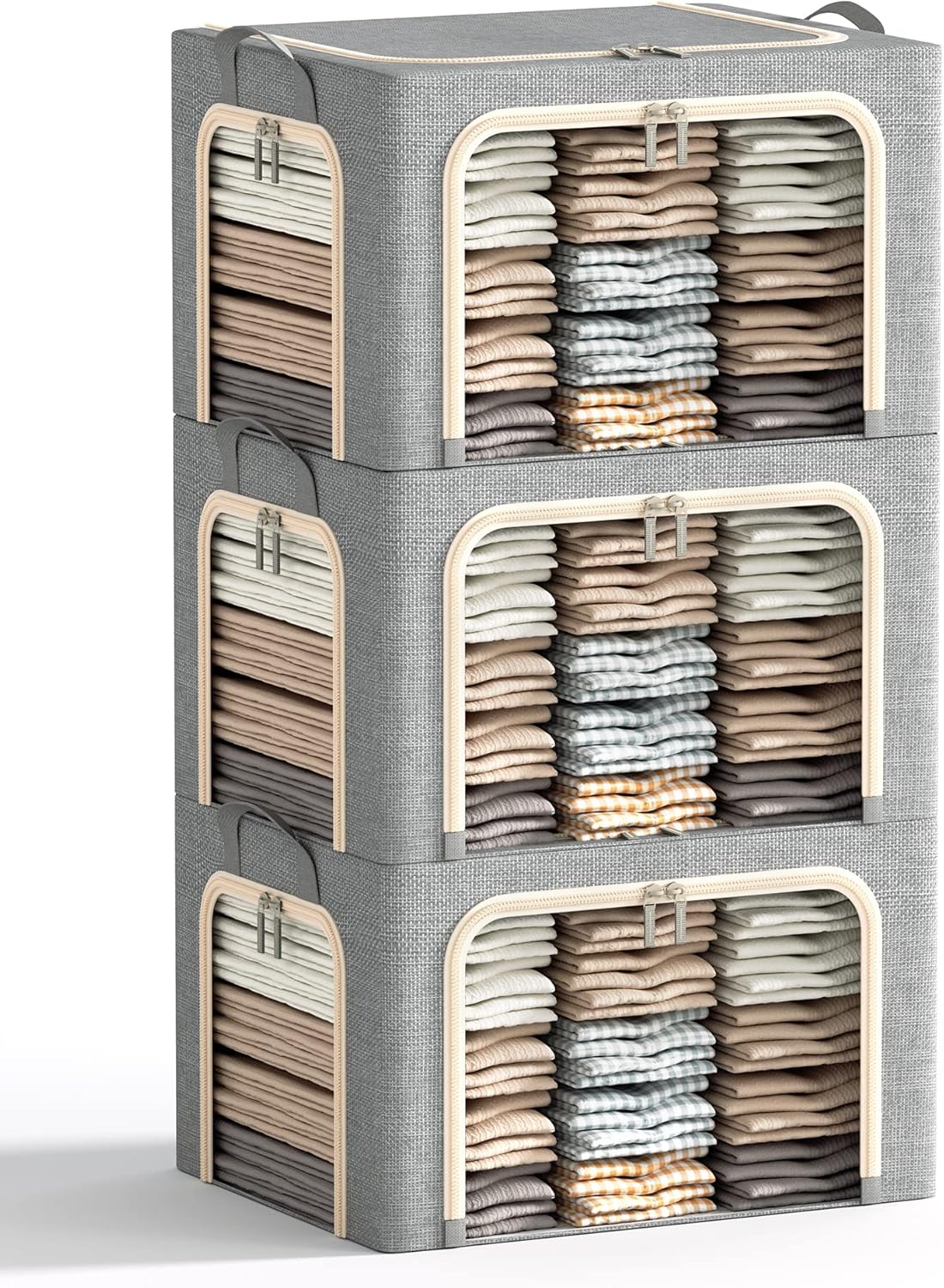 3 Openings Clothes Storage Bins with Metal Frame, Foldable Storage Bin for Clothes, Clothing Storage Bins with Lid, Linen Storage Box With Clear Window& Zippers& Durable Handles.(3 Pcs,Light Grey,40L)