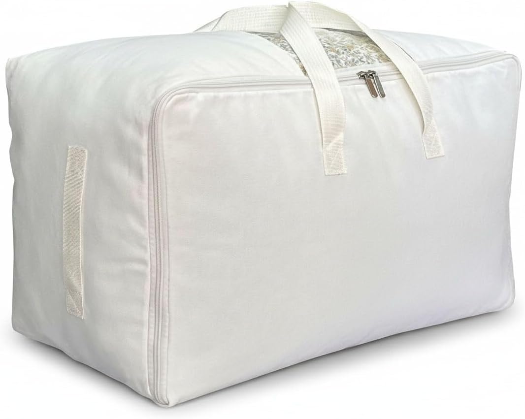 Soft Large Canvas Storage Bags with Zipper and Clear Window, Cotton Linen Storage for Pillows, Quilt, Blankets and Comforter, 80L, 4 Pack, Beige