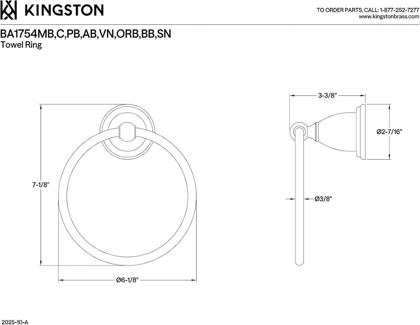 Kingston Brass BA1754PB Heritage Towel-Ring, 7-3/4" Length, Polished Brass