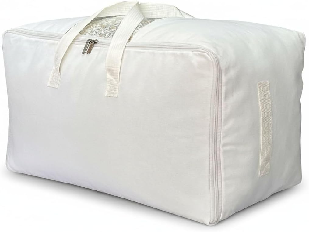 Soft Large Canvas Storage Bags with Zipper and Clear Window, Cotton Linen Storage for Pillows, Quilt, Blankets and Comforter, 80L, 4 Pack, Beige