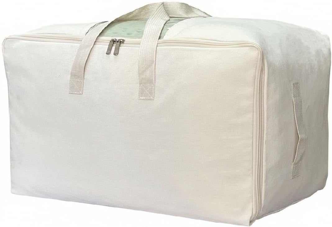 Soft Large Canvas Storage Bags with Zipper and Clear Window, Cotton Linen Storage for Pillows, Quilt, Blankets and Comforter, 80L, 4 Pack, Beige