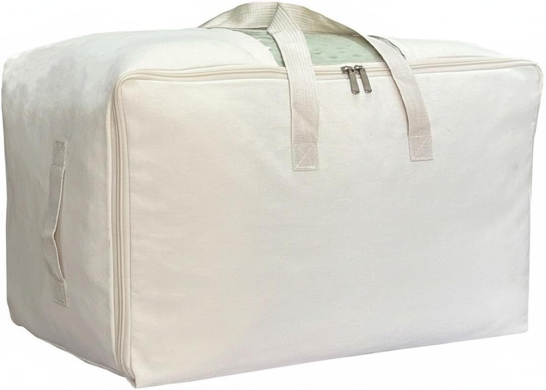 Soft Large Canvas Storage Bags with Zipper and Clear Window, Cotton Linen Storage for Pillows, Quilt, Blankets and Comforter, 80L, 4 Pack, Beige