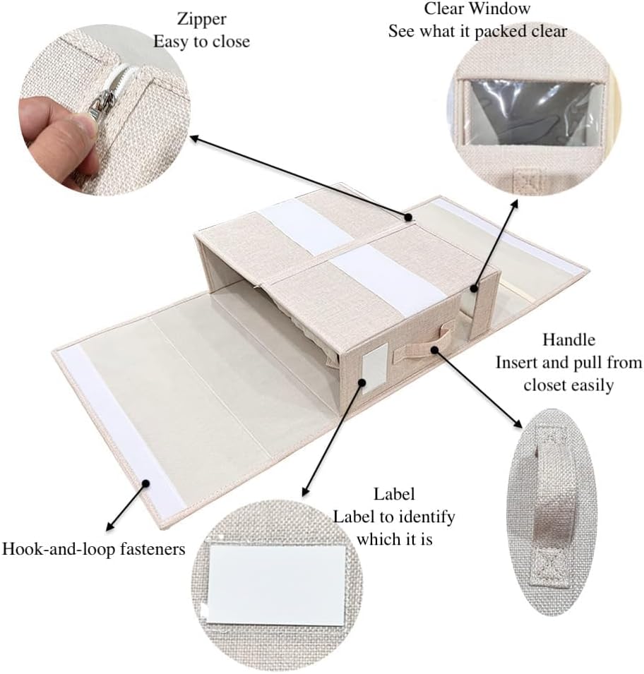 Linen Closet Organizers and Storage for Bedding Thin Blanket, Folding Sheet Storage Organizer with Visible Window (Beige)