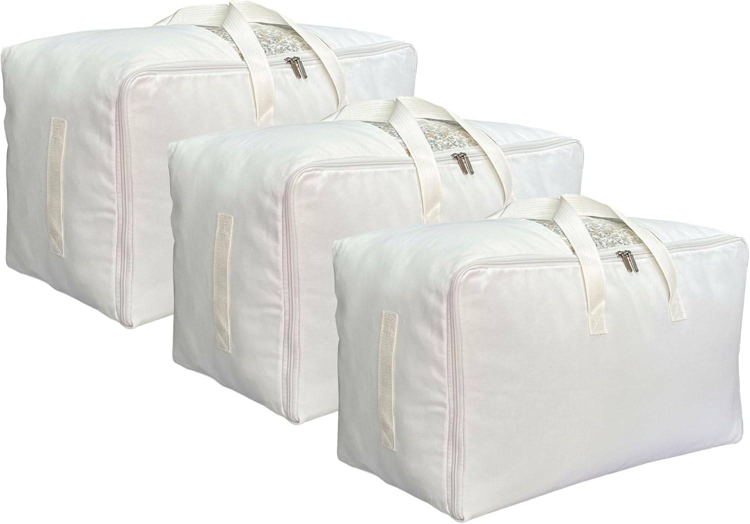Soft Large Canvas Storage Bags with Zipper and Clear Window, Cotton Linen Storage for Pillows, Quilt, Blankets and Comforter, 80L, 4 Pack, Beige