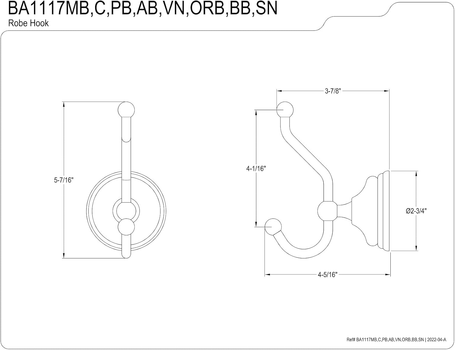 Kingston Brass BA1117C Victorian Robe Hook, 5-7/16-Inch, Polished Chrome
