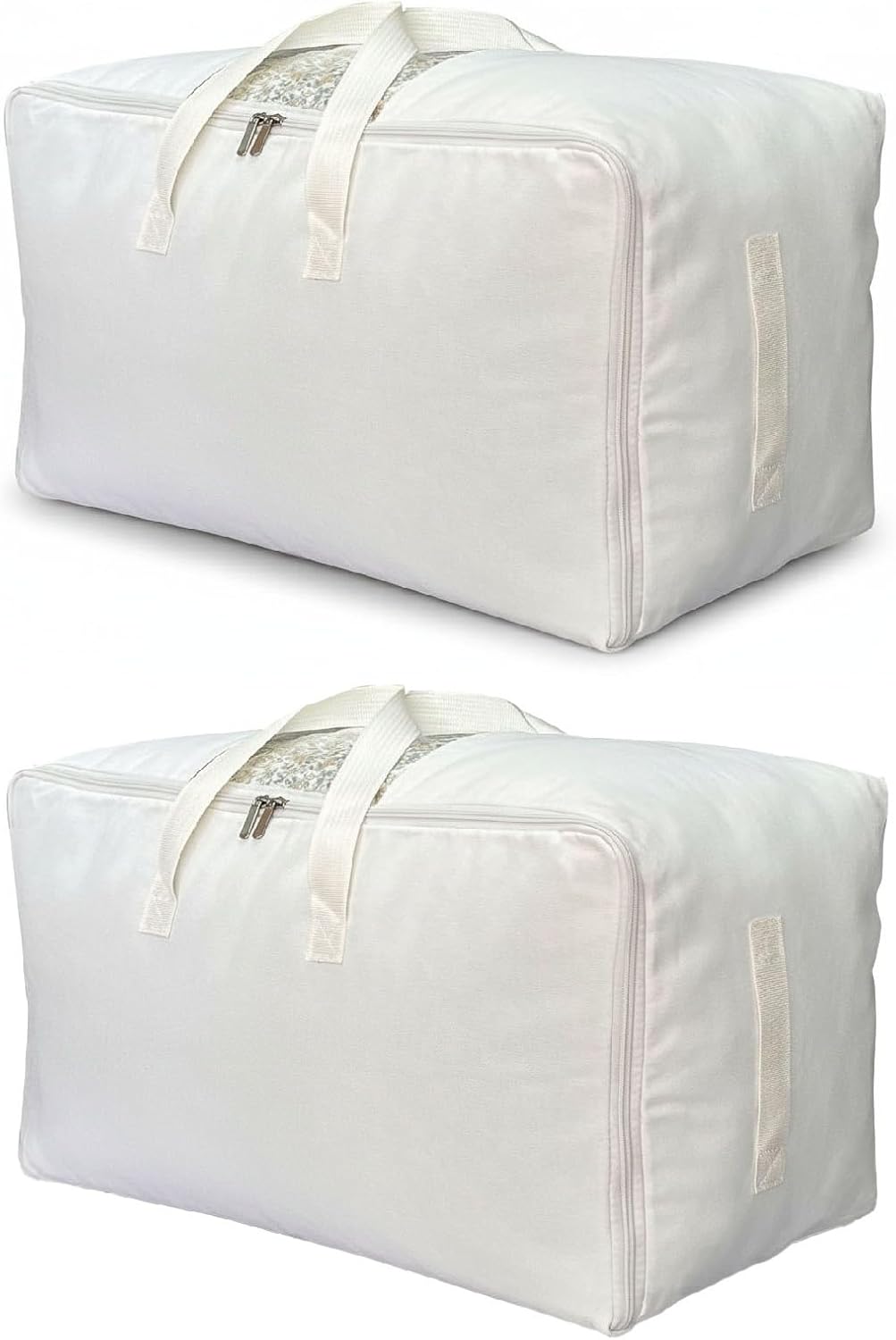 Soft Large Canvas Storage Bags with Zipper and Clear Window, Cotton Linen Storage for Pillows, Quilt, Blankets and Comforter, 80L, 4 Pack, Beige