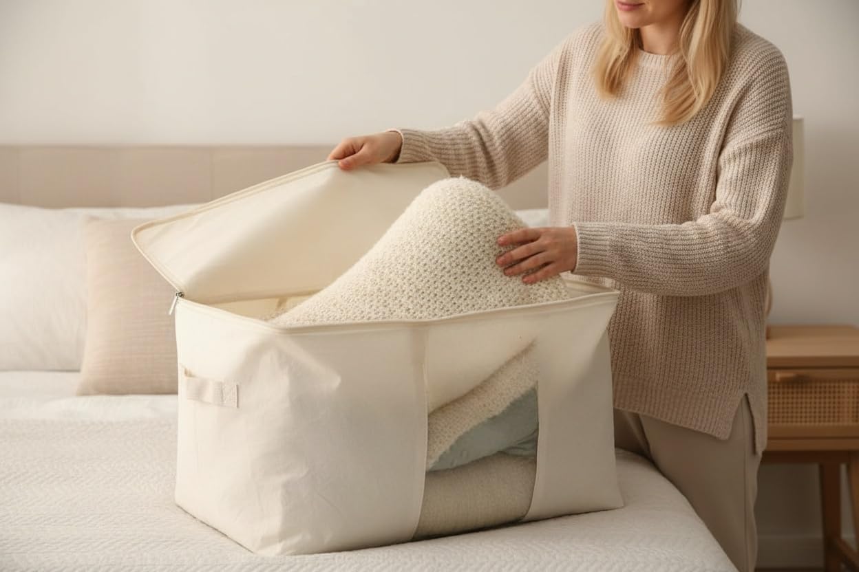 Soft Large Canvas Storage Bags with Zipper and Clear Window, Cotton Linen Storage for Pillows, Quilt, Blankets and Comforter, 80L, 4 Pack, Beige