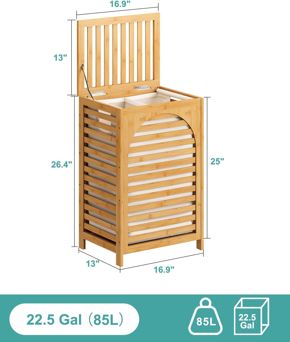 Laundry Hamper, 22.5 Gallon (85L) Bamboo Wood Clothes Laundry Basket with Lid and Handles, Removable Liner (Natural, Large)