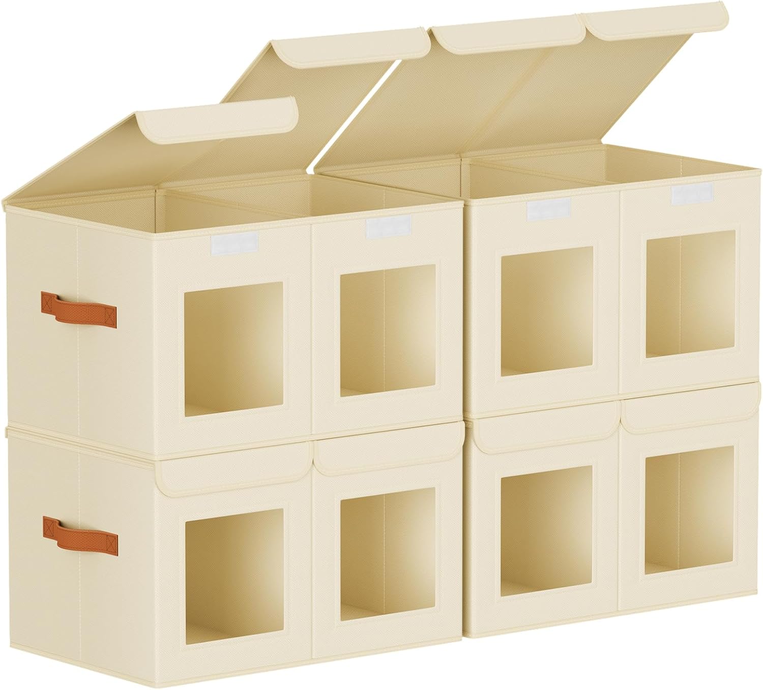 Large Closet Storage Bins - Collapsible Divided Clothes Organizer with Lids & Dual Window, Fabric Organizing Bins for Clothes, Sweater, Toys, Bedroom, Office (Beige, 2 Pack)