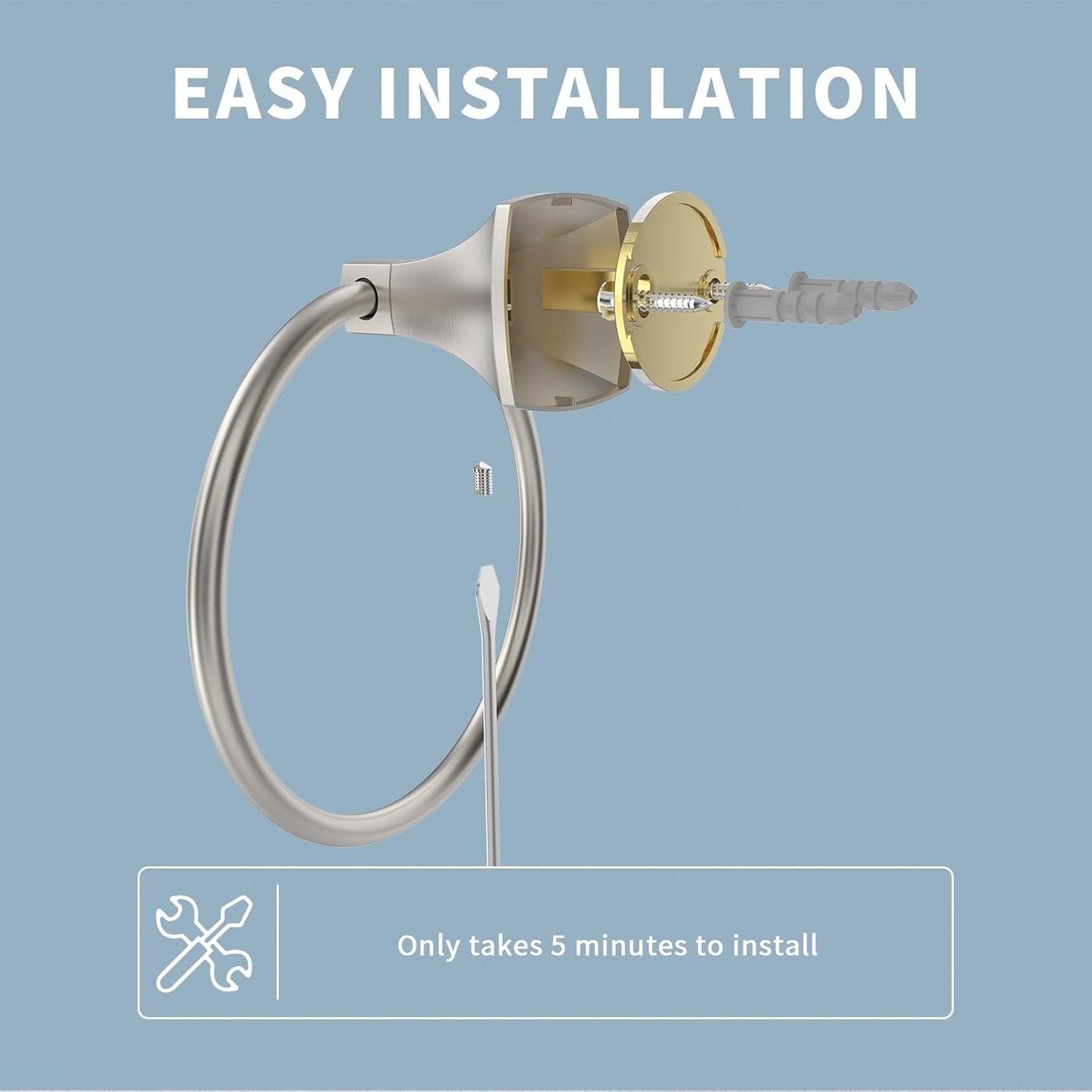 Hand Towel Holder for Bathroom Brushed Nickel Towel Ring Stainless Steel and Zinc Alloy Towel Hanger Wall Mount for Bath, Kitchen, 2 Pack