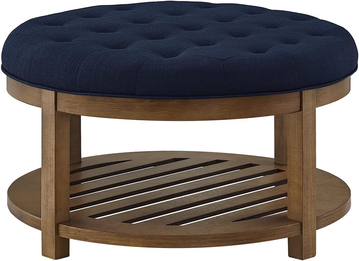 24KF Large Round Upholstered Tufted Linen Ottoman Coffee Table, Large Footrest Ottoman with Wood Shelf Storage- Navy Blue