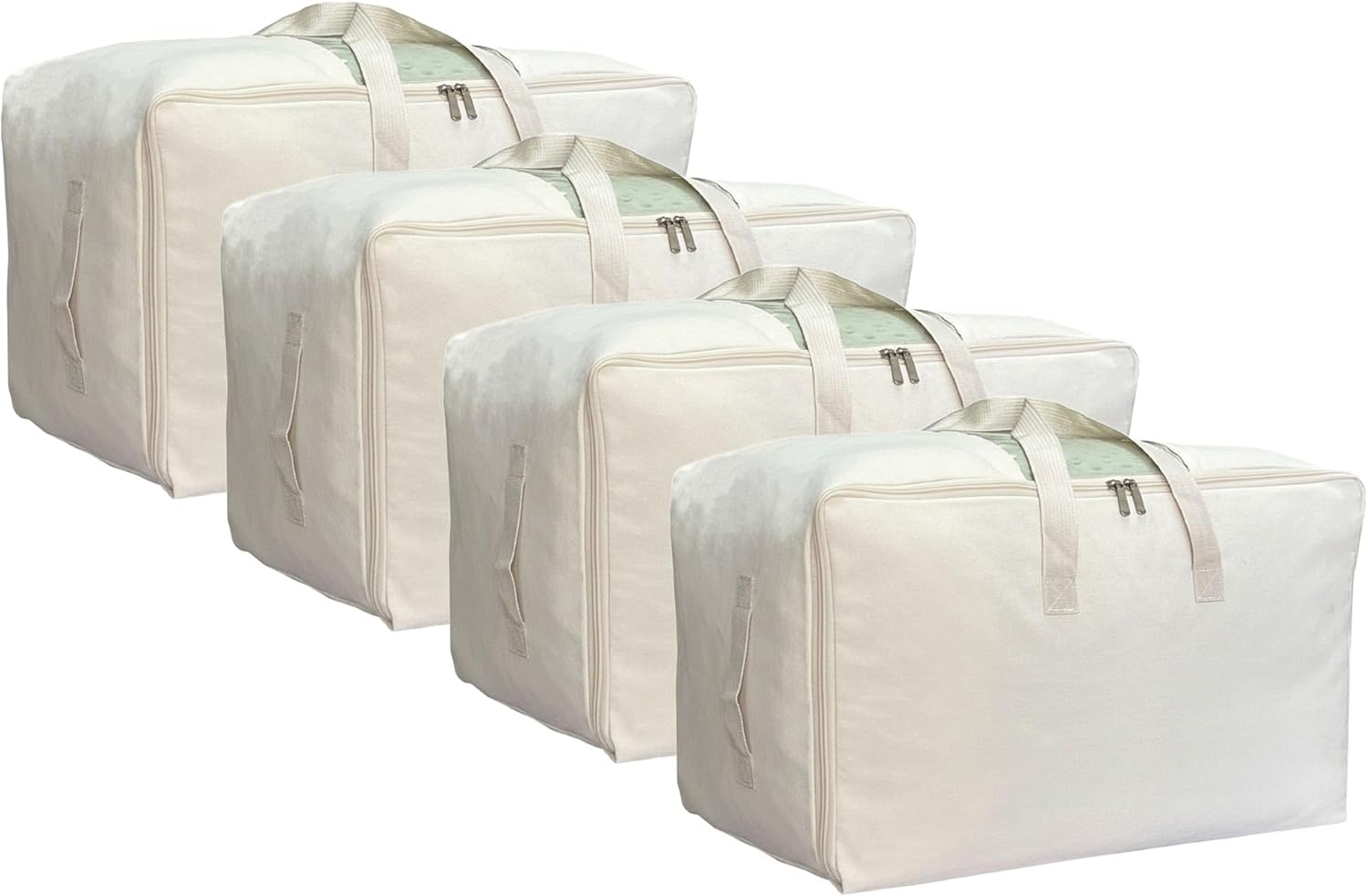 Soft Large Canvas Storage Bags with Zipper and Clear Window, Cotton Linen Storage for Pillows, Quilt, Blankets and Comforter, 80L, 4 Pack, Beige