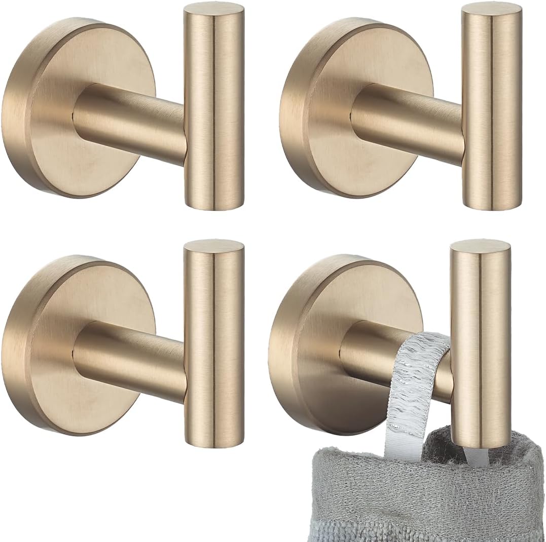 JQK Bathroom Towel Hook Champagne Bronze, Coat Robe Clothes Hook for Bathroom Wall Mounted (Pack of 4), SUS 304 Stainless Steel 0.8mm, TH100-CB-P4