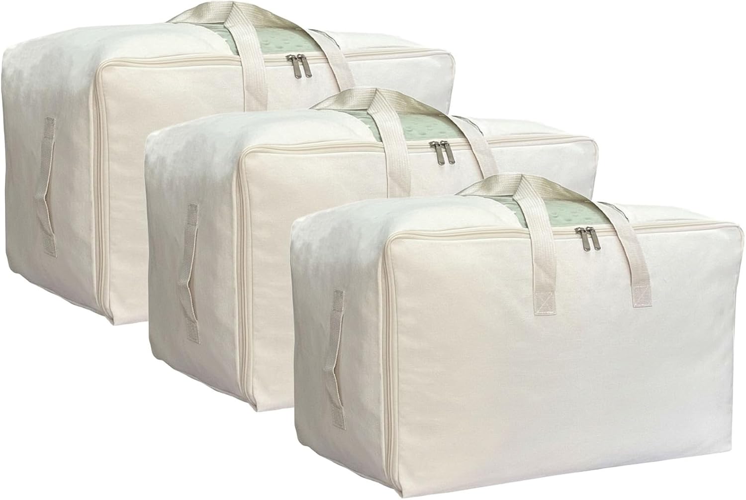 Soft Large Canvas Storage Bags with Zipper and Clear Window, Cotton Linen Storage for Pillows, Quilt, Blankets and Comforter, 80L, 4 Pack, Beige