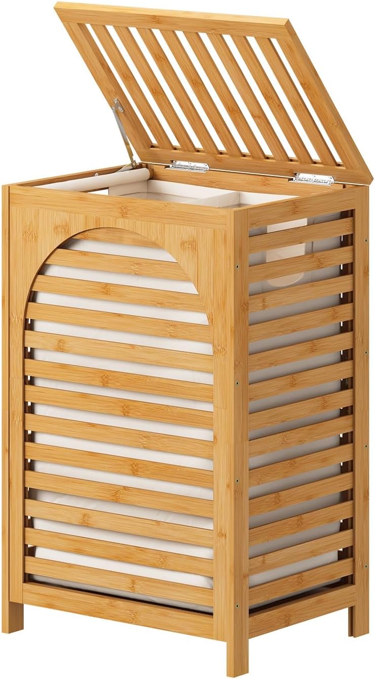 Laundry Hamper, 22.5 Gallon (85L) Bamboo Wood Clothes Laundry Basket with Lid and Handles, Removable Liner (Natural, Large)