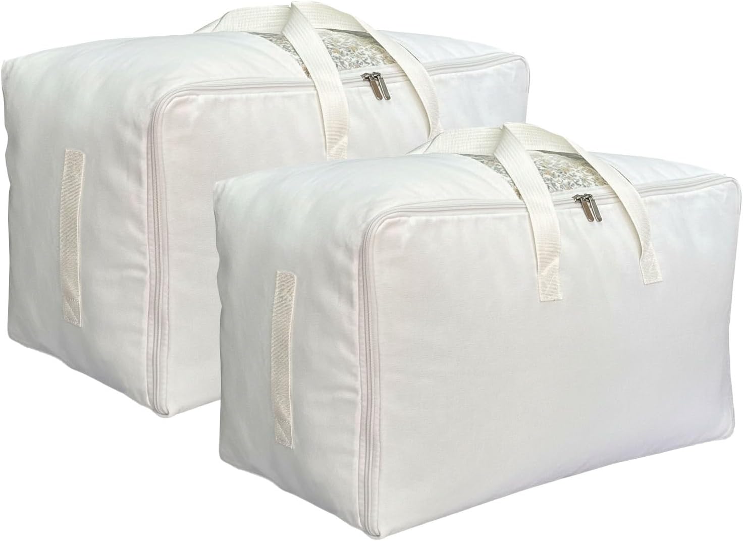Soft Large Canvas Storage Bags with Zipper and Clear Window, Cotton Linen Storage for Pillows, Quilt, Blankets and Comforter, 80L, 4 Pack, Beige