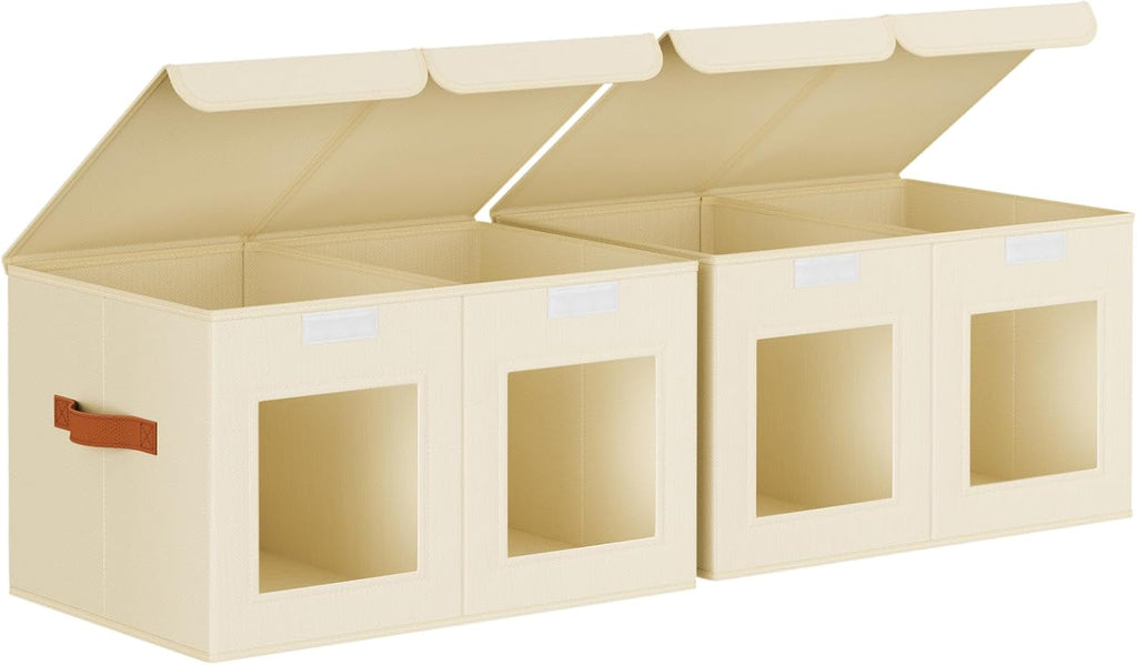 Large Closet Storage Bins - Collapsible Divided Clothes Organizer with Lids & Dual Window, Fabric Organizing Bins for Clothes, Sweater, Toys, Bedroom, Office (Beige, 2 Pack)
