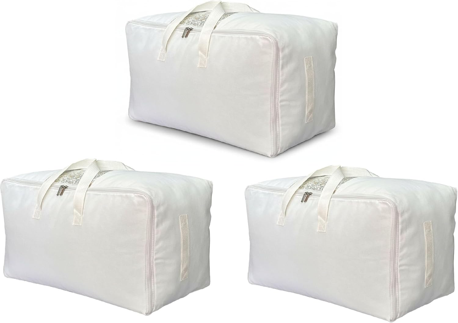 Soft Large Canvas Storage Bags with Zipper and Clear Window, Cotton Linen Storage for Pillows, Quilt, Blankets and Comforter, 80L, 4 Pack, Beige