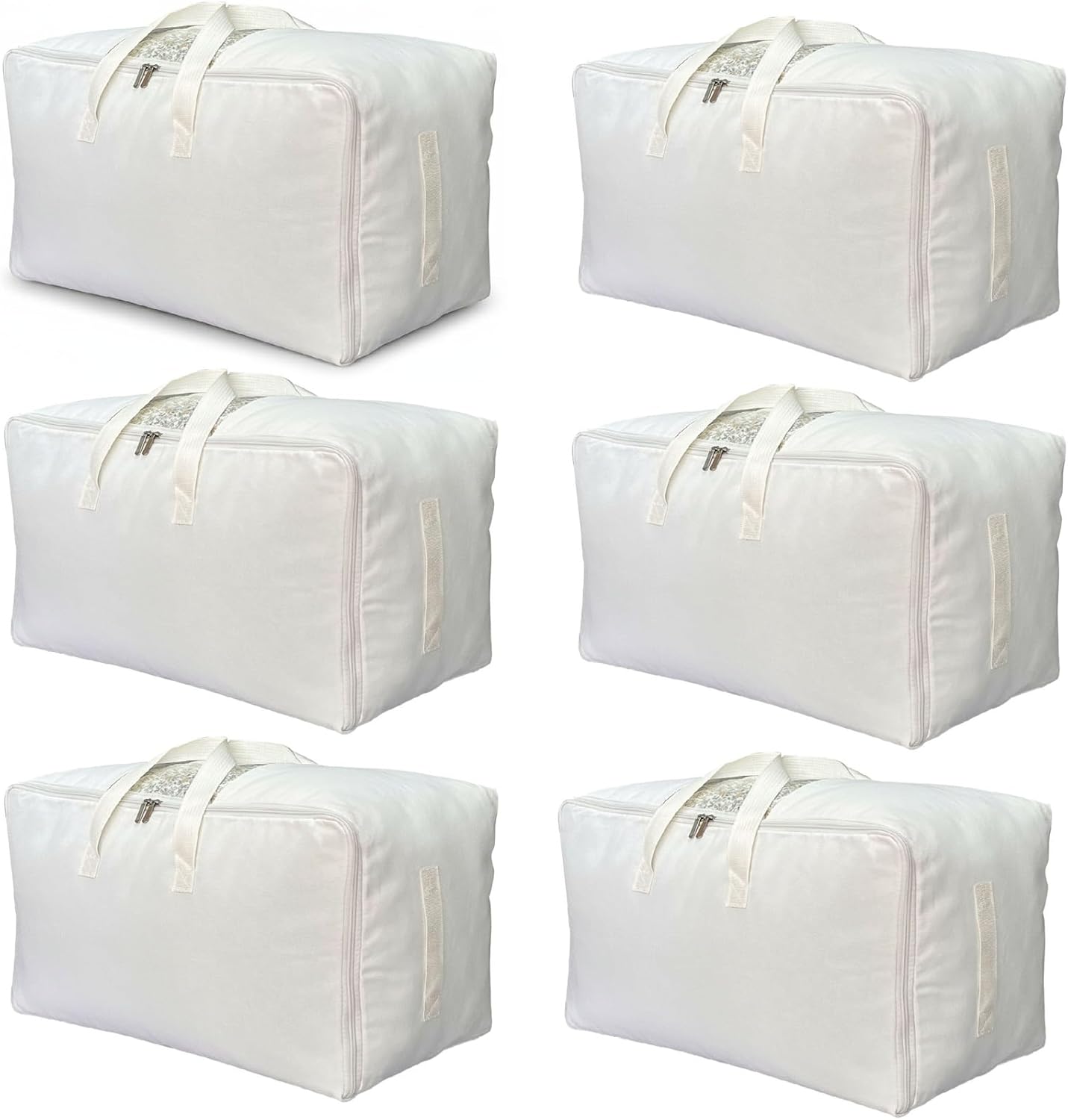 Soft Large Canvas Storage Bags with Zipper and Clear Window, Cotton Linen Storage for Pillows, Quilt, Blankets and Comforter, 80L, 4 Pack, Beige