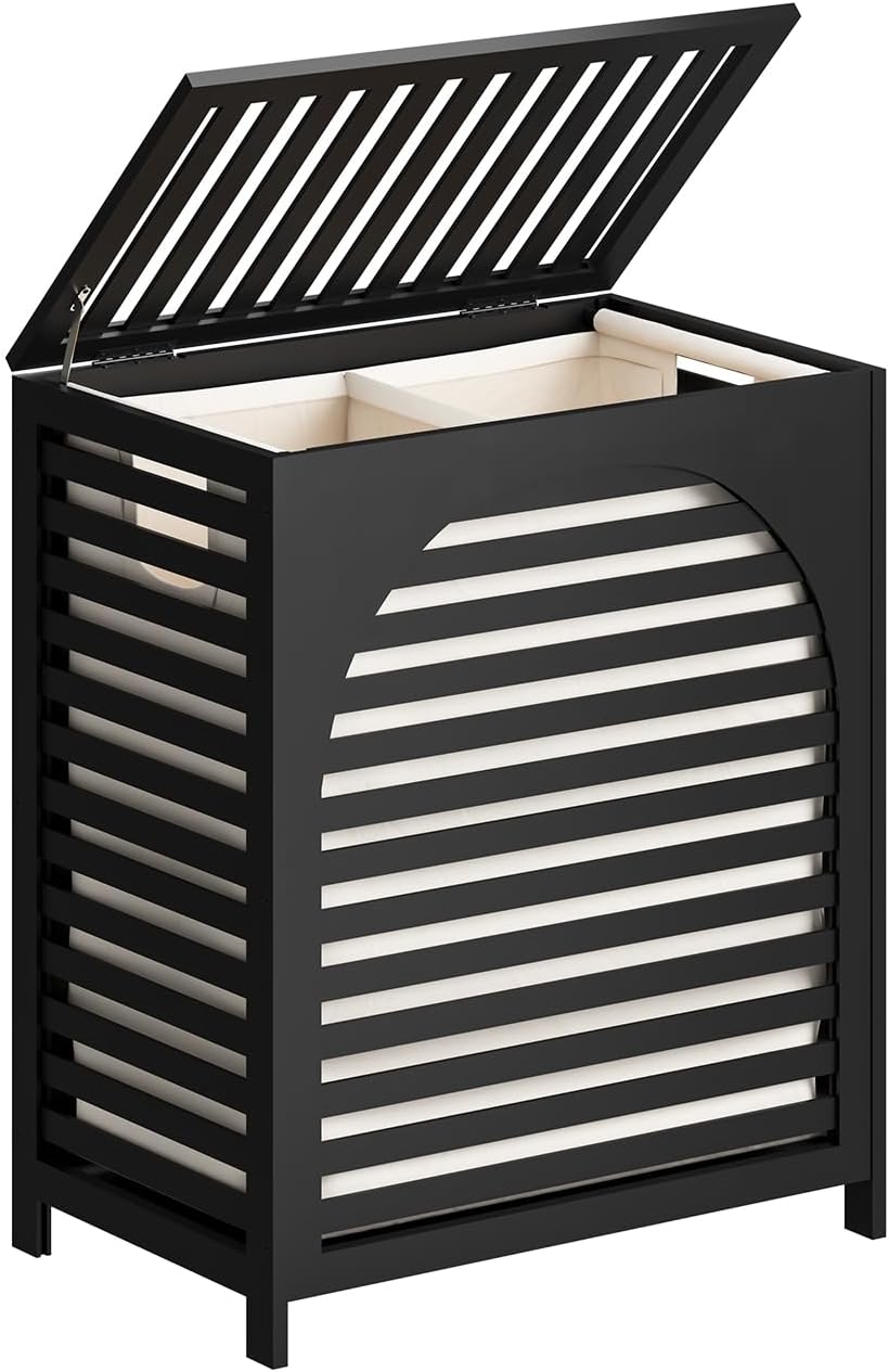 Laundry Hamper, 22.5 Gallon (85L) Bamboo Wood Clothes Laundry Basket with Lid and Handles, Removable Liner (Natural, Large)