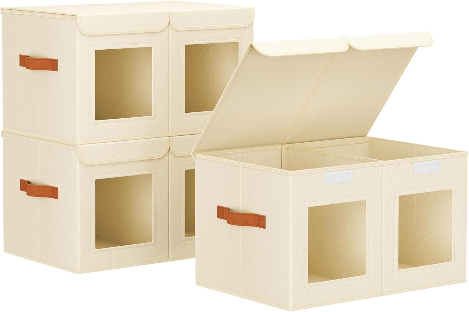 Large Closet Storage Bins - Collapsible Divided Clothes Organizer with Lids & Dual Window, Fabric Organizing Bins for Clothes, Sweater, Toys, Bedroom, Office (Beige, 2 Pack)