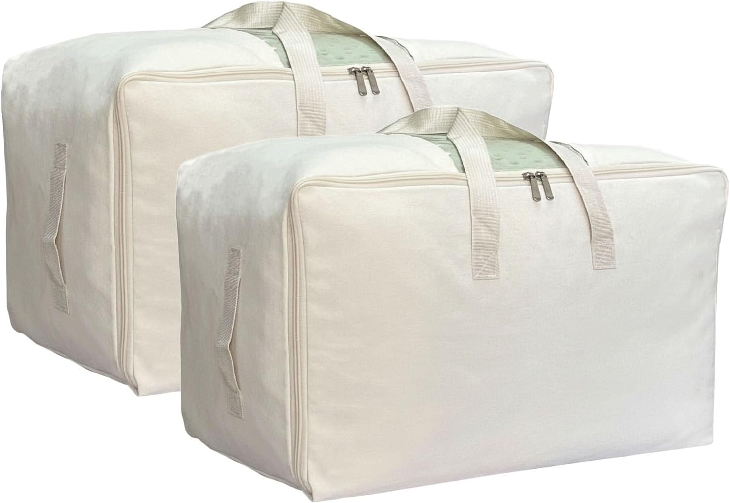 Soft Large Canvas Storage Bags with Zipper and Clear Window, Cotton Linen Storage for Pillows, Quilt, Blankets and Comforter, 80L, 4 Pack, Beige