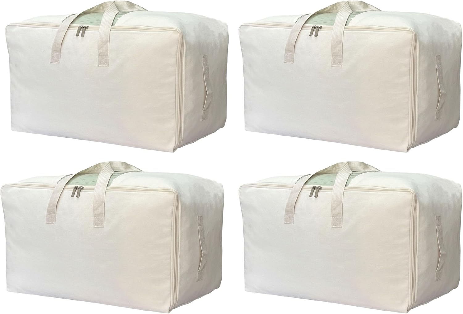 Soft Large Canvas Storage Bags with Zipper and Clear Window, Cotton Linen Storage for Pillows, Quilt, Blankets and Comforter, 80L, 4 Pack, Beige