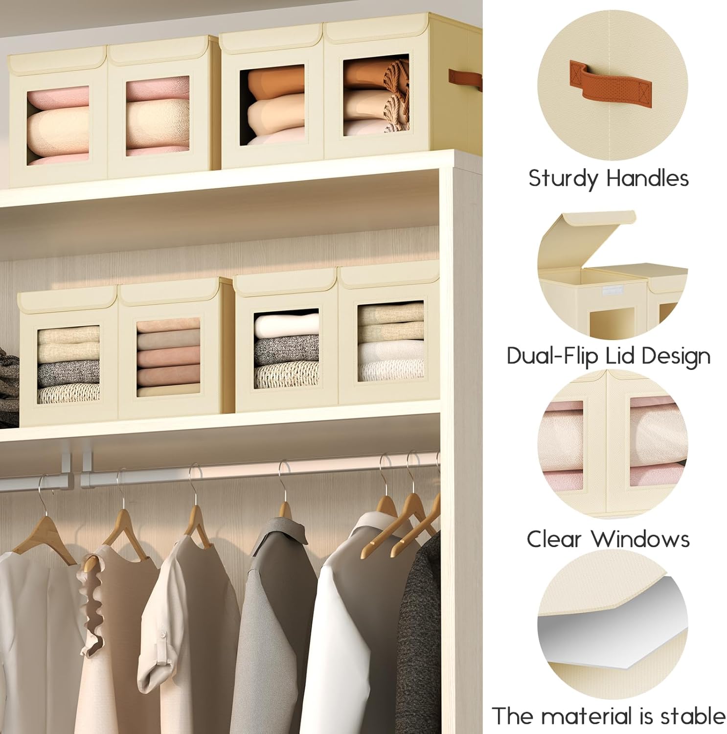 Large Closet Storage Bins - Collapsible Divided Clothes Organizer with Lids & Dual Window, Fabric Organizing Bins for Clothes, Sweater, Toys, Bedroom, Office (Beige, 2 Pack)