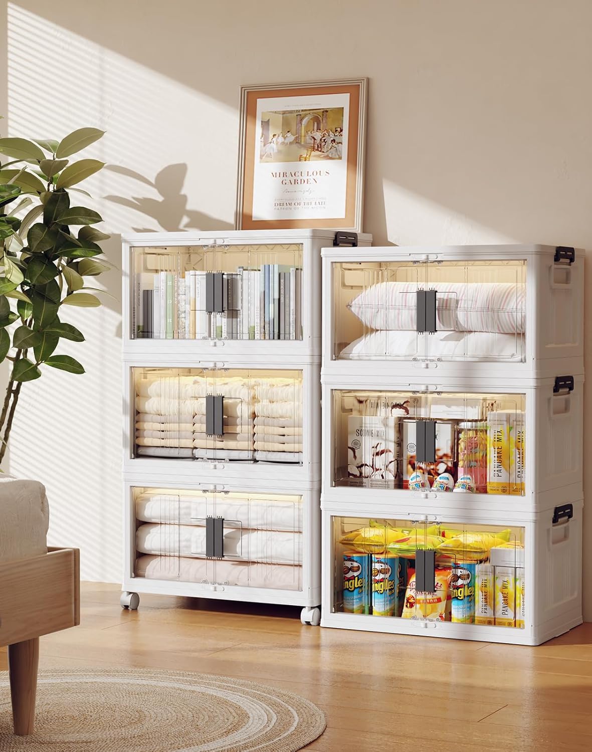 OlarHike 144QT Lockable Storage Bins with Lids - Folding Storage box with Doors and Wheels, Collapsible Plastic Bins for Closets, Stackable Organizer and Containers, Christmas Gifts, 3 Pack Cubes