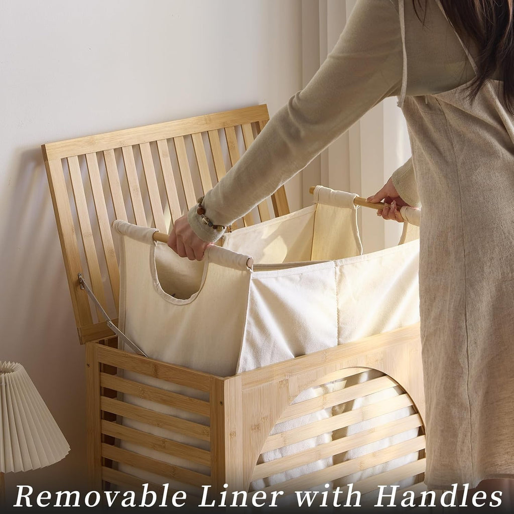 Laundry Hamper with Lid, Bamboo Clothes Laundry Basket with Handles, Removable 2-Section Liner bag, Hampers for Bedroom Aesthetic, Large Storage for Bath Towel, Sheets or Toys, Home (Natural)