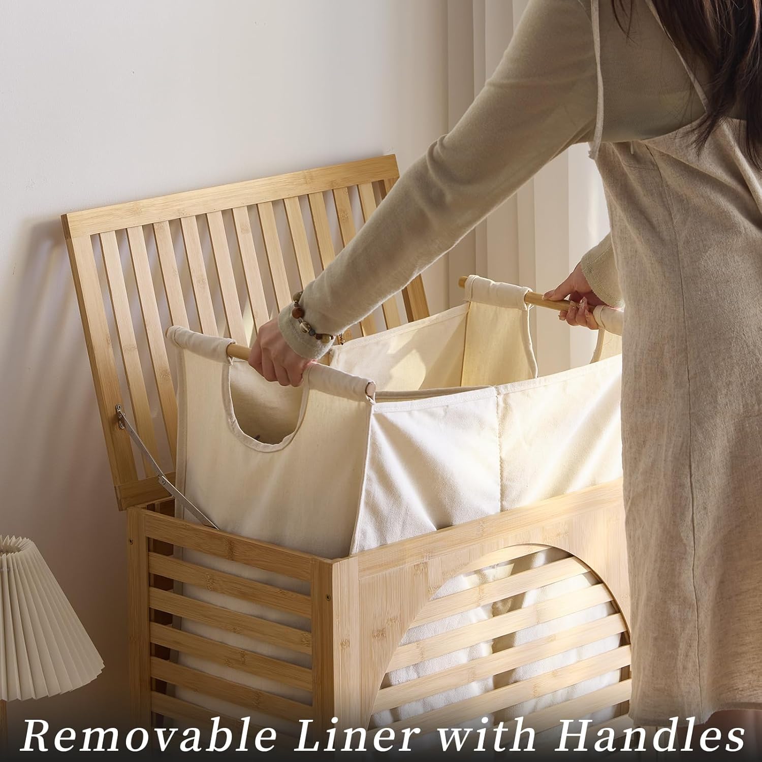 Laundry Hamper with Lid, Bamboo Clothes Laundry Basket with Handles, Removable 2-Section Liner bag, Hampers for Bedroom Aesthetic, Large Storage for Bath Towel, Sheets or Toys, Home (Natural)