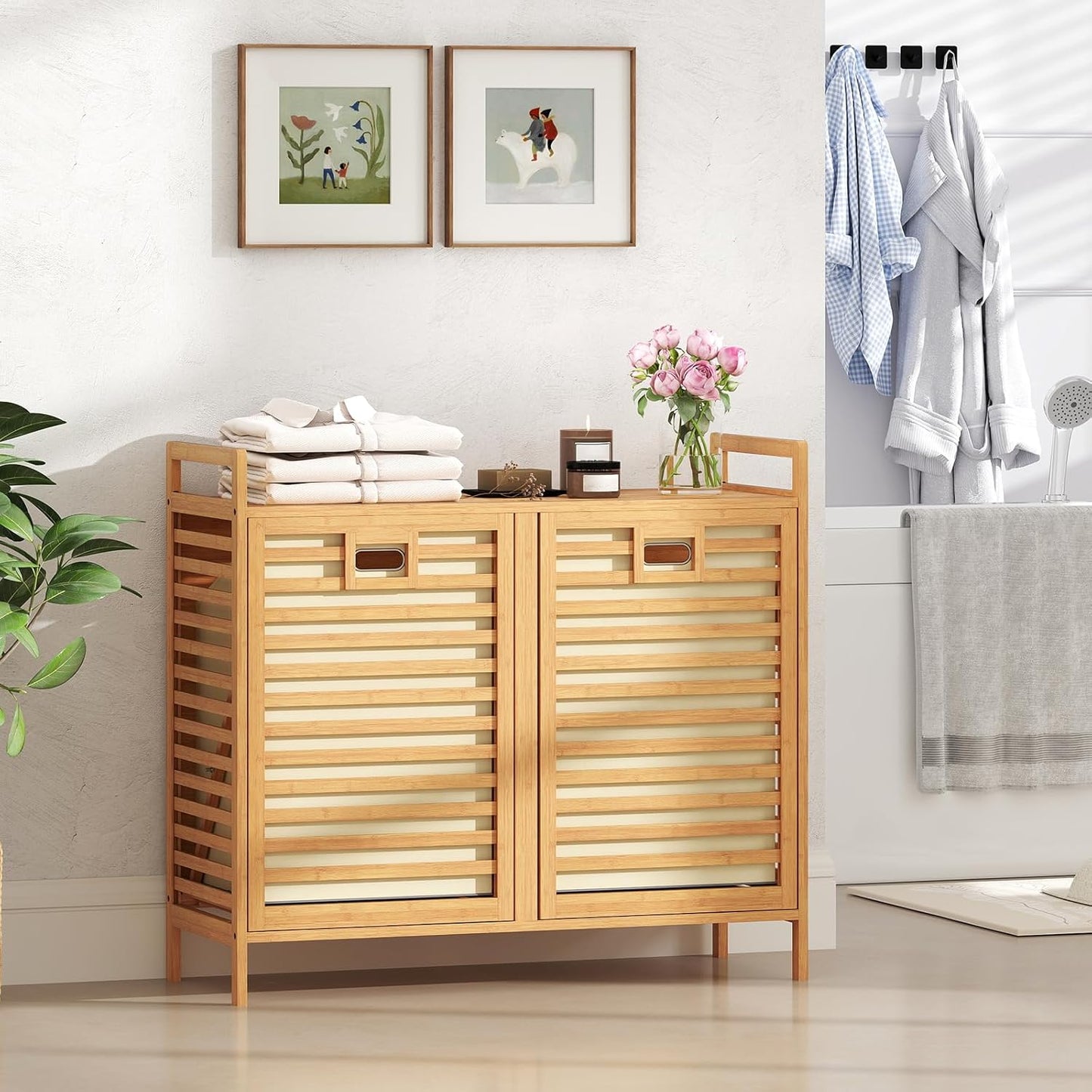 Giantex Tilt Out Laundry Hamper, 20 Gal Bamboo Laundry Storage Cabinet with 2 Removable & Foldable Fabric Bins, Top Shelf, Pull Out Laundry Basket Organizer for Bathroom, Living Room, Bedroom