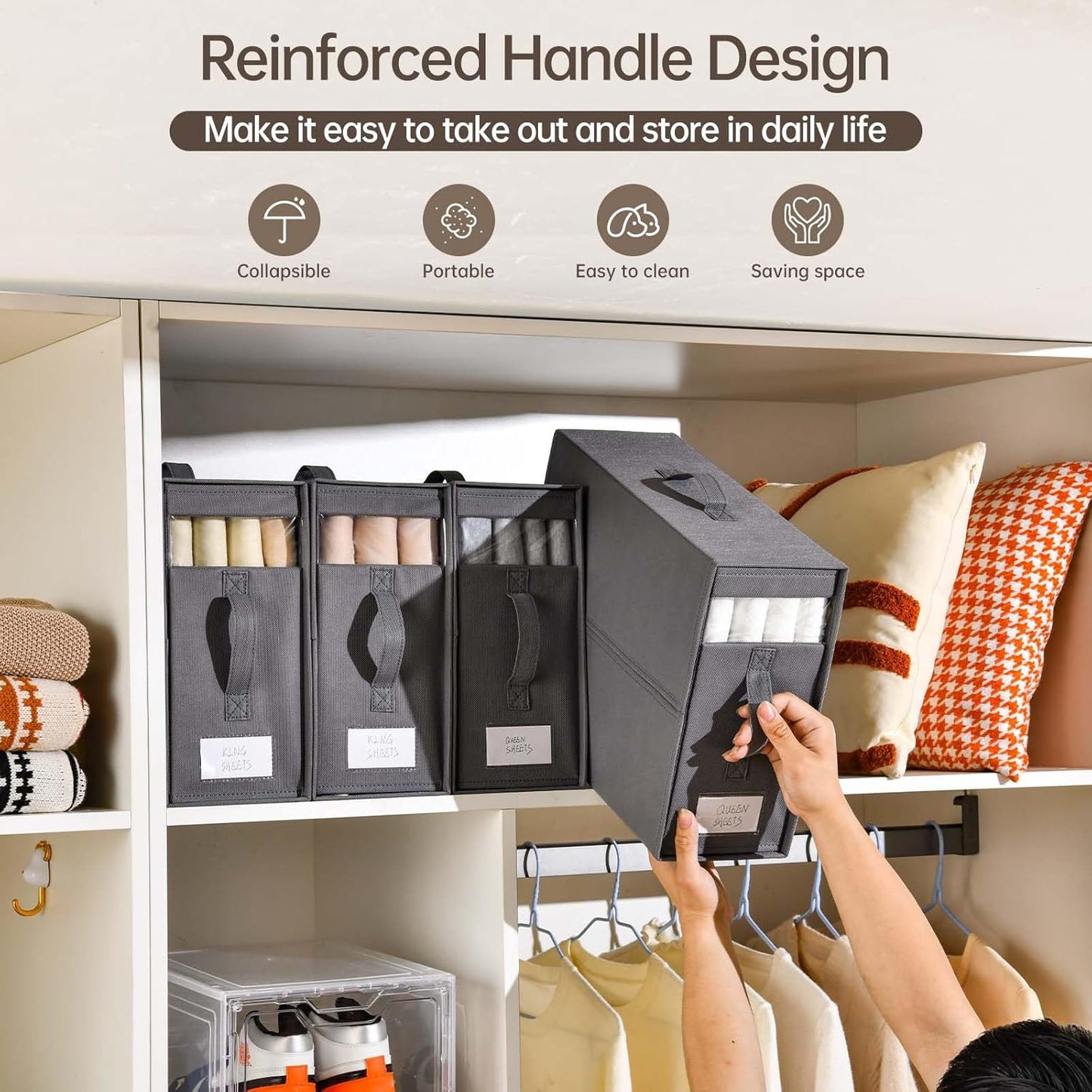 Linen Closet Organizers and Storage, 8 Pack Foldable Bedding Storage for Queen or King Size Bedsheets, Duvet Covers and Pillows