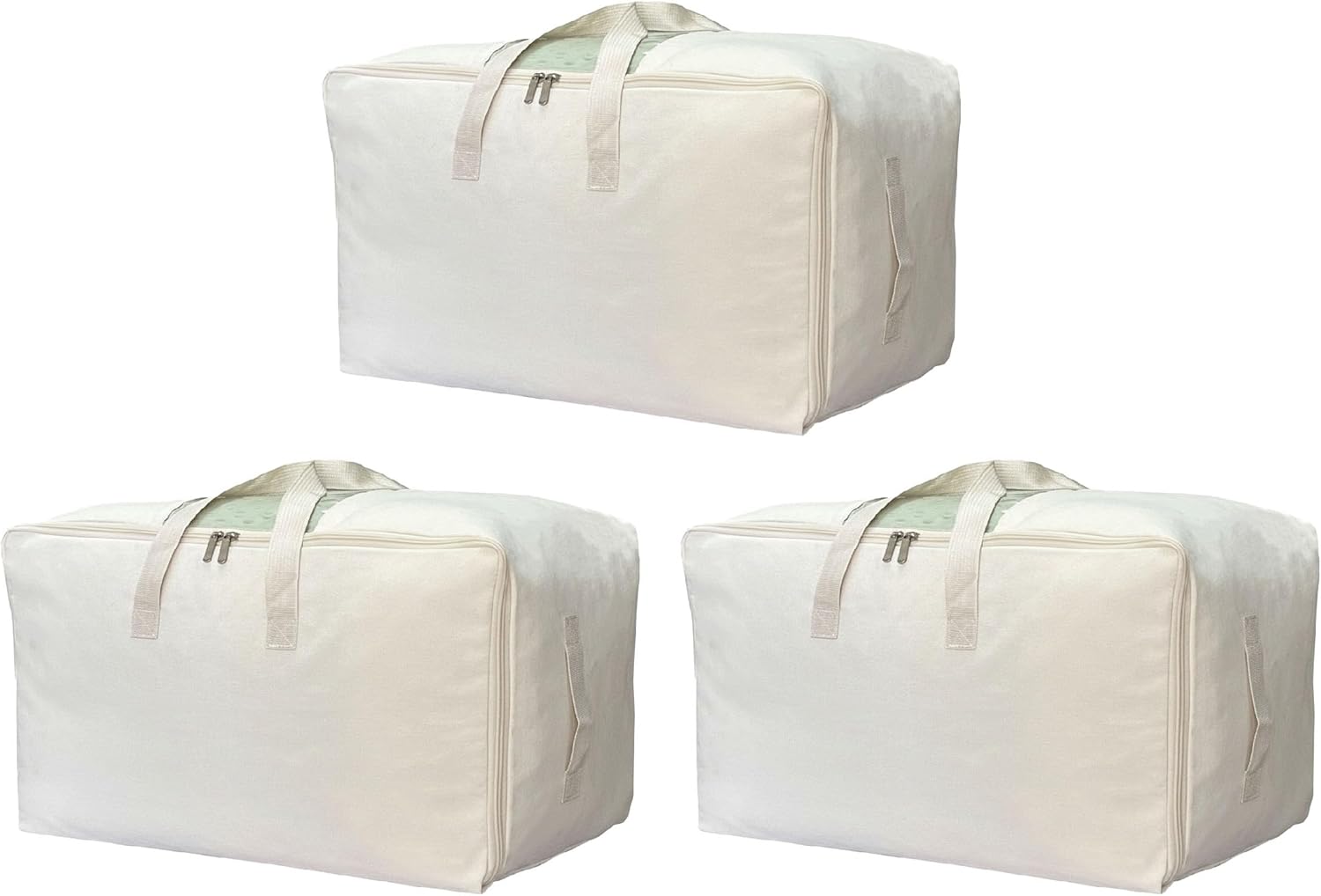 Soft Large Canvas Storage Bags with Zipper and Clear Window, Cotton Linen Storage for Pillows, Quilt, Blankets and Comforter, 80L, 4 Pack, Beige