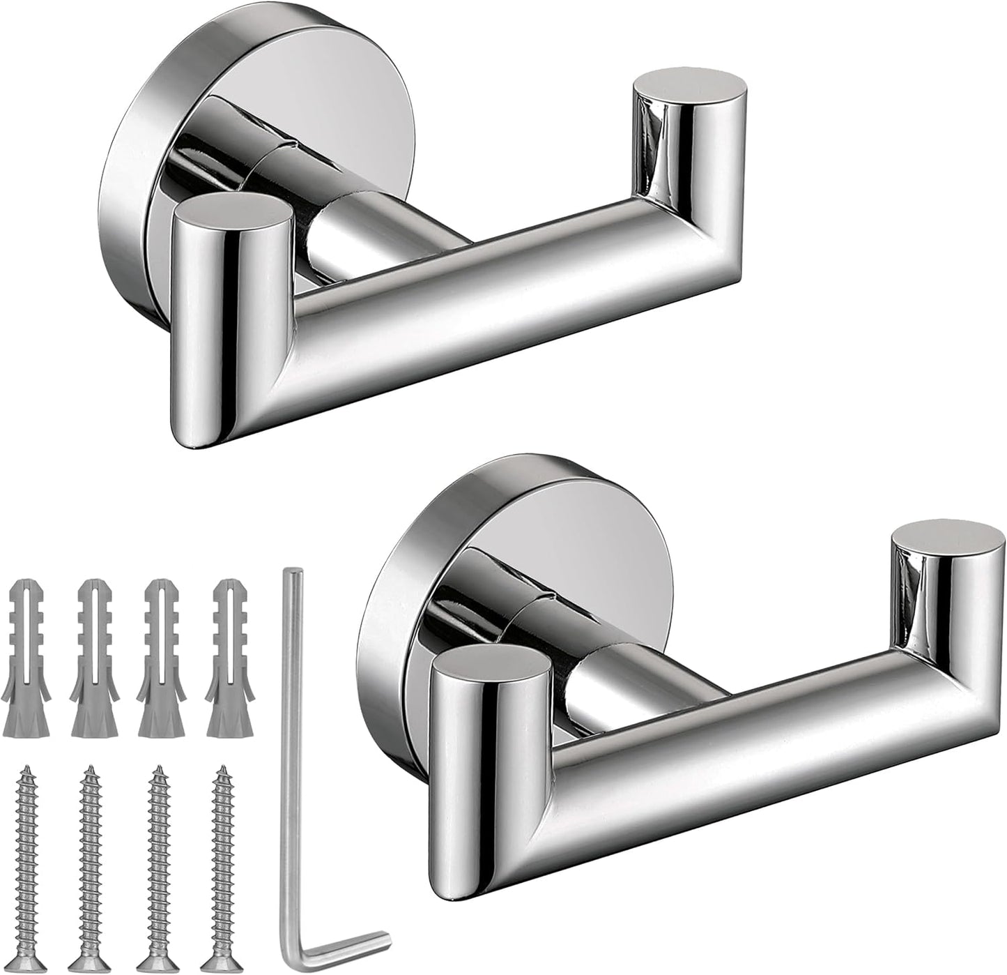 Towel Hooks For Bathrooms, Polished Chrome Towel Hook For Kitchen Bathroom, SUS304 Stainless Steel Coat Hook, Heavy Duty Double Holder Robe Hooks For Hanging Towels,Coats,Clothes,Wall Mount, 4 Pack