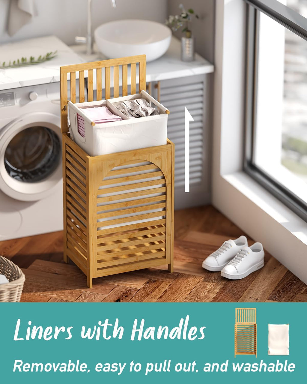 Laundry Hamper, 22.5 Gallon (85L) Bamboo Wood Clothes Laundry Basket with Lid and Handles, Removable Liner (Natural, Large)