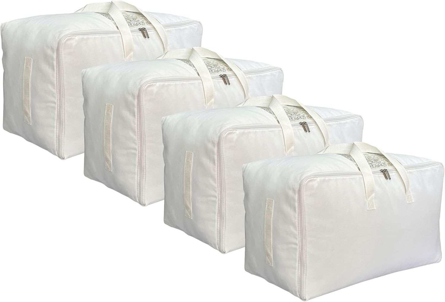 Soft Large Canvas Storage Bags with Zipper and Clear Window, Cotton Linen Storage for Pillows, Quilt, Blankets and Comforter, 80L, 4 Pack, Beige