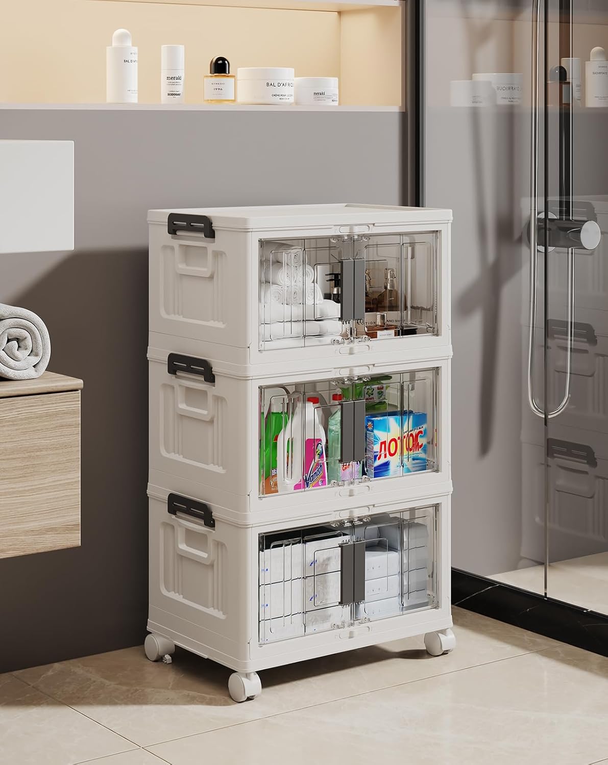 OlarHike 144QT Lockable Storage Bins with Lids - Folding Storage box with Doors and Wheels, Collapsible Plastic Bins for Closets, Stackable Organizer and Containers, Christmas Gifts, 3 Pack Cubes