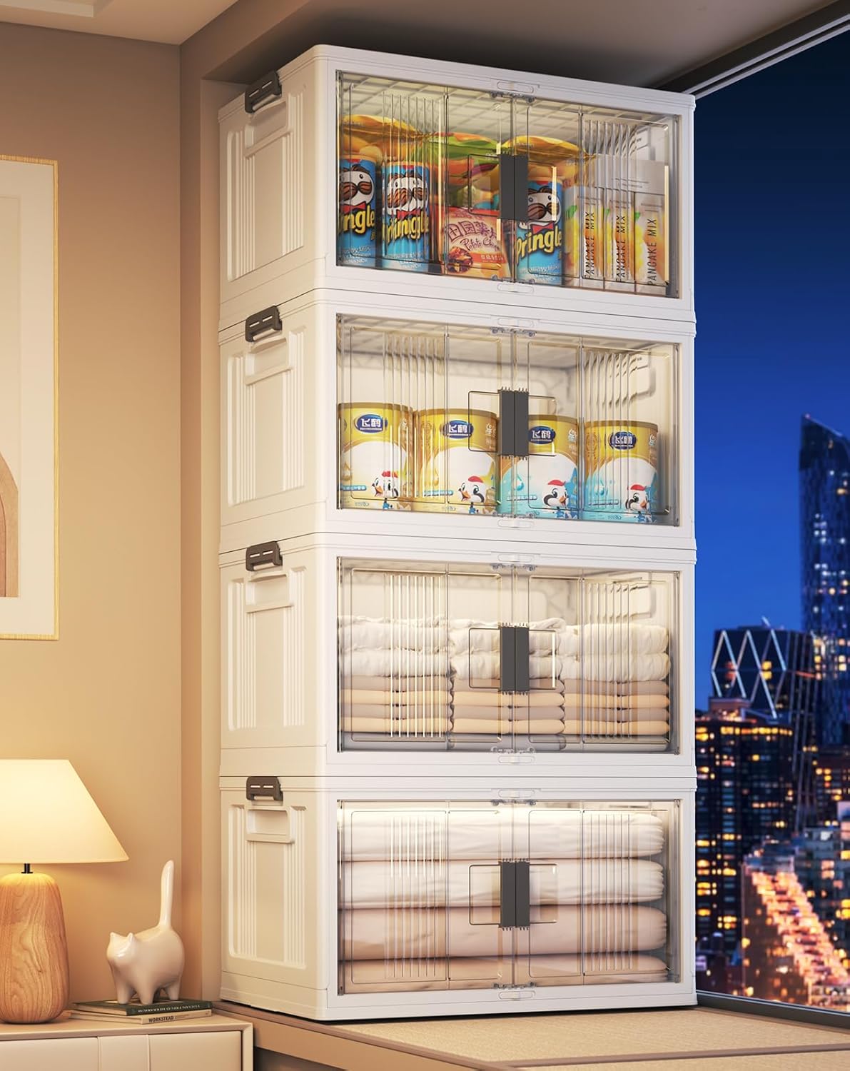 OlarHike 144QT Lockable Storage Bins with Lids - Folding Storage box with Doors and Wheels, Collapsible Plastic Bins for Closets, Stackable Organizer and Containers, Christmas Gifts, 3 Pack Cubes