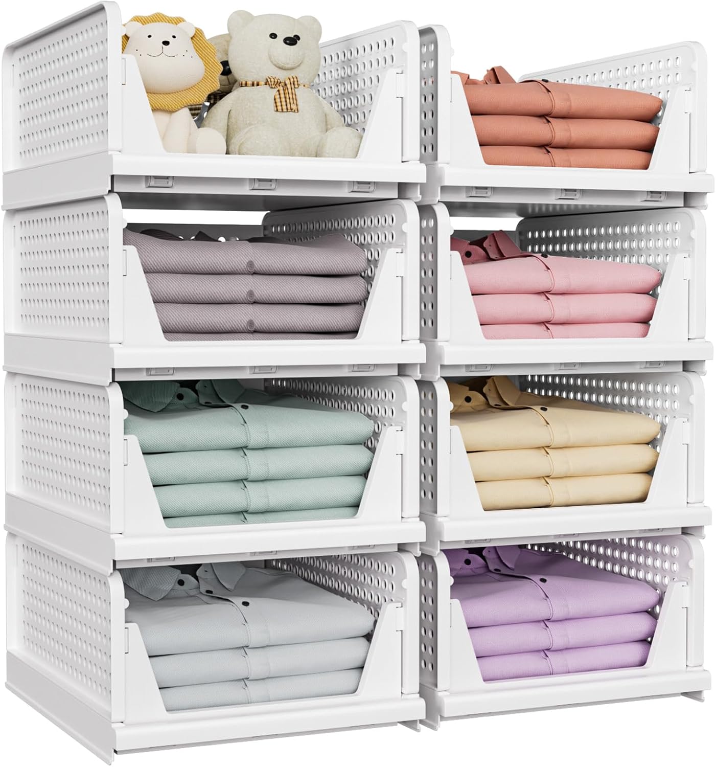 SNSLXH 5 Pack Stackable Closet Storage Basket, Multifunctional & Foldable Closet Organizer for Bathroom Kitchen Laundry Room Wardrobe Storage, Space-Saving Clothes Storage Drawer Organizer, White