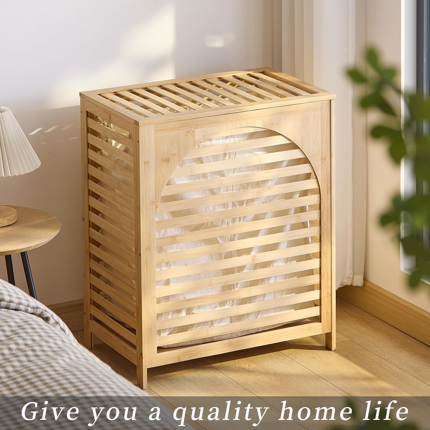 Laundry Hamper with Lid, Bamboo Clothes Laundry Basket with Handles, Removable 2-Section Liner bag, Hampers for Bedroom Aesthetic, Large Storage for Bath Towel, Sheets or Toys, Home (Natural)