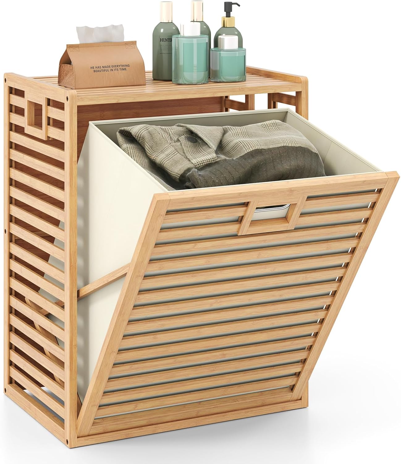 Giantex Tilt Out Laundry Hamper, Bamboo Laundry Storage Cabinet with Removable & Foldable Fabric Bin, Top Shelf, Laundry Basket Organizer for Bathroom, Laundry Room, Living Room, Bedroom, Natural