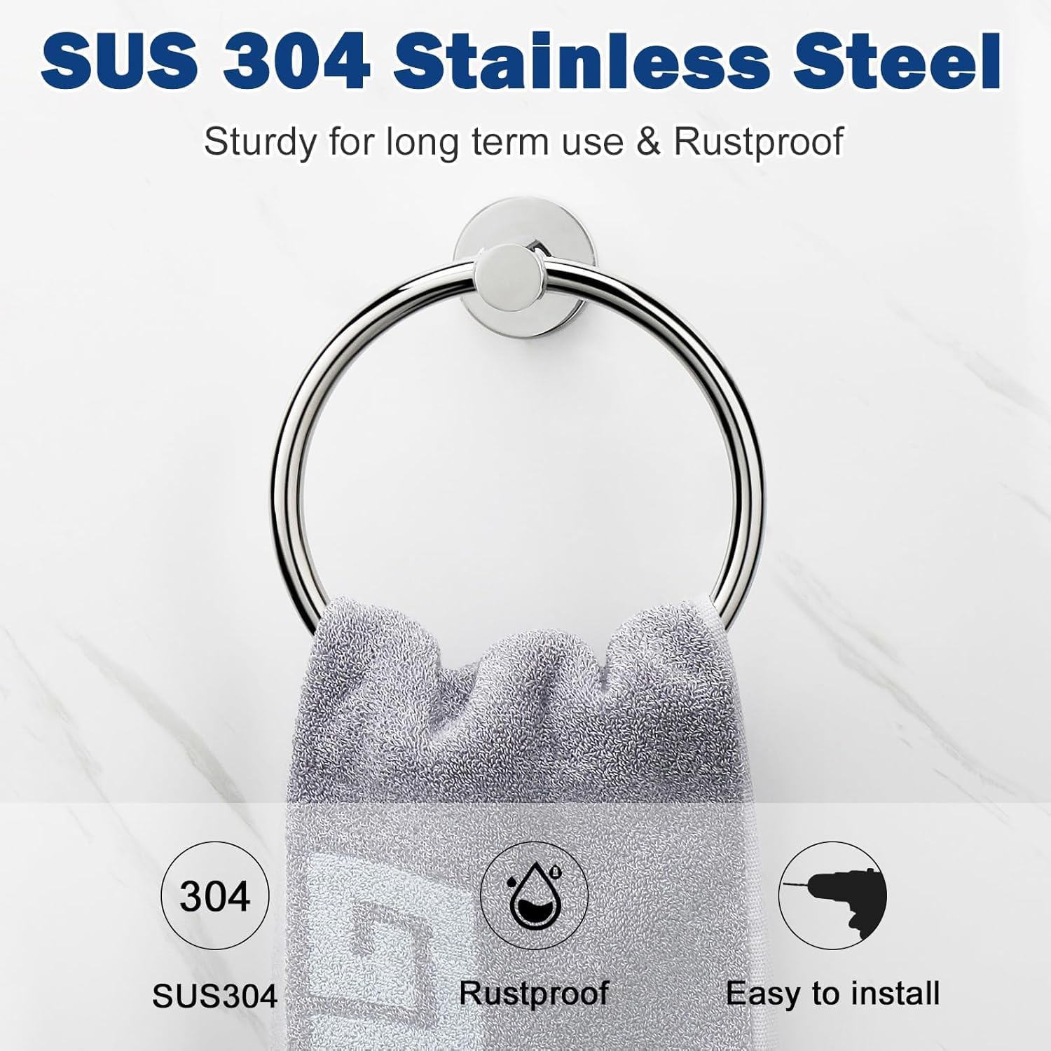 NearMoon Bath Towel Ring, Bathroom Hardware Accessories-Thicken Stainless Steel Hand Towel Holder for Bathroom, Modern Round Towel Hanger Wall Mounted (Chrome, 4 Pack)