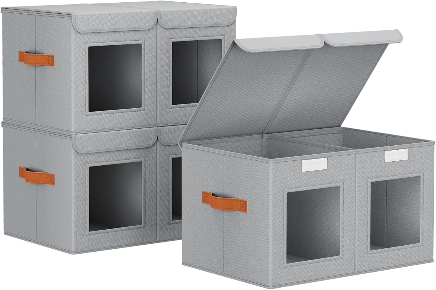 Large Closet Storage Bins - Collapsible Divided Clothes Organizer with Lids & Dual Window, Fabric Organizing Bins for Clothes, Sweater, Toys, Bedroom, Office (Beige, 2 Pack)