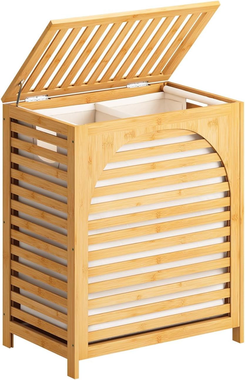 Laundry Hamper, 22.5 Gallon (85L) Bamboo Wood Clothes Laundry Basket with Lid and Handles, Removable Liner (Natural, Large)