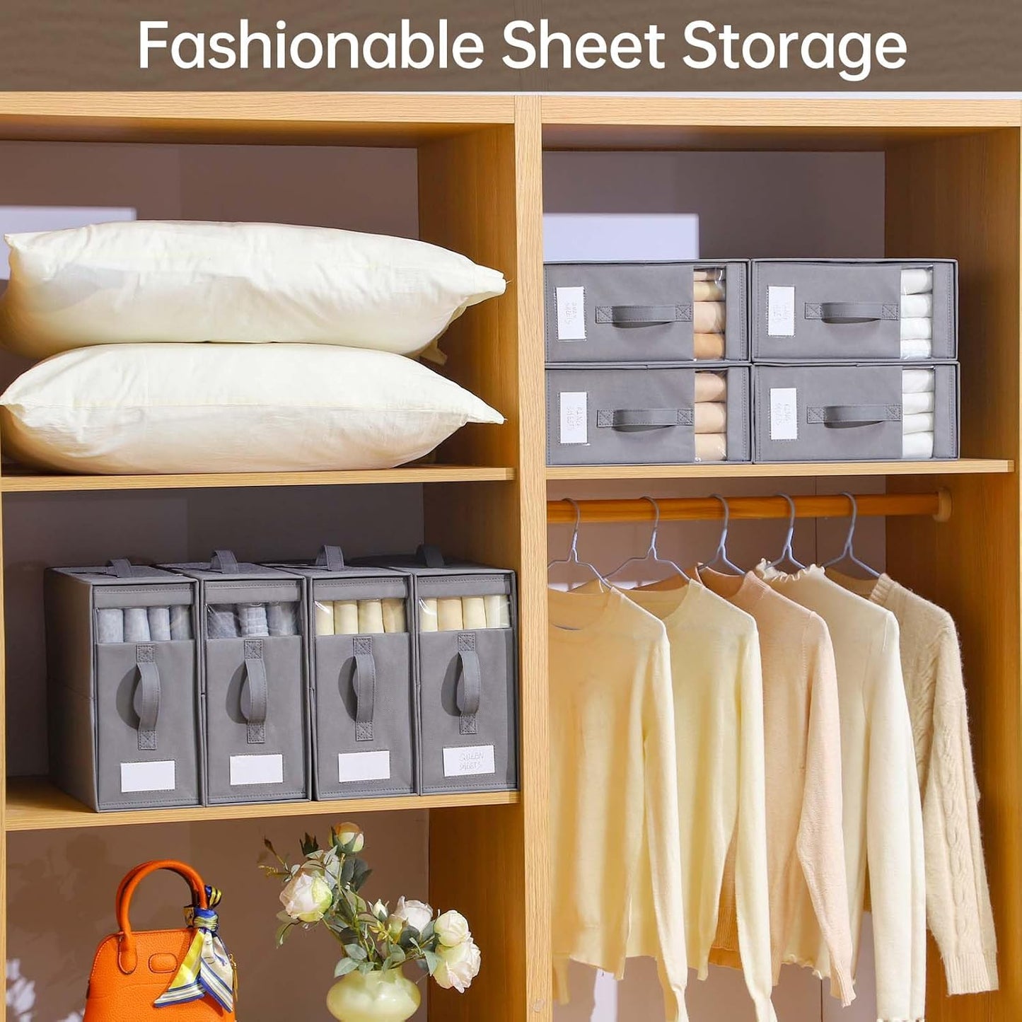 Linen Closet Organizers and Storage, 8 Pack Foldable Bedding Storage for Queen or King Size Bedsheets, Duvet Covers and Pillows