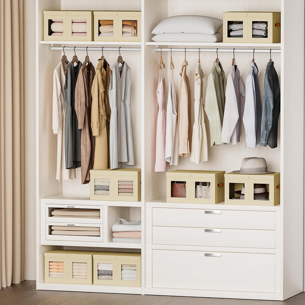 Large Closet Storage Bins - Collapsible Divided Clothes Organizer with Lids & Dual Window, Fabric Organizing Bins for Clothes, Sweater, Toys, Bedroom, Office (Beige, 2 Pack)