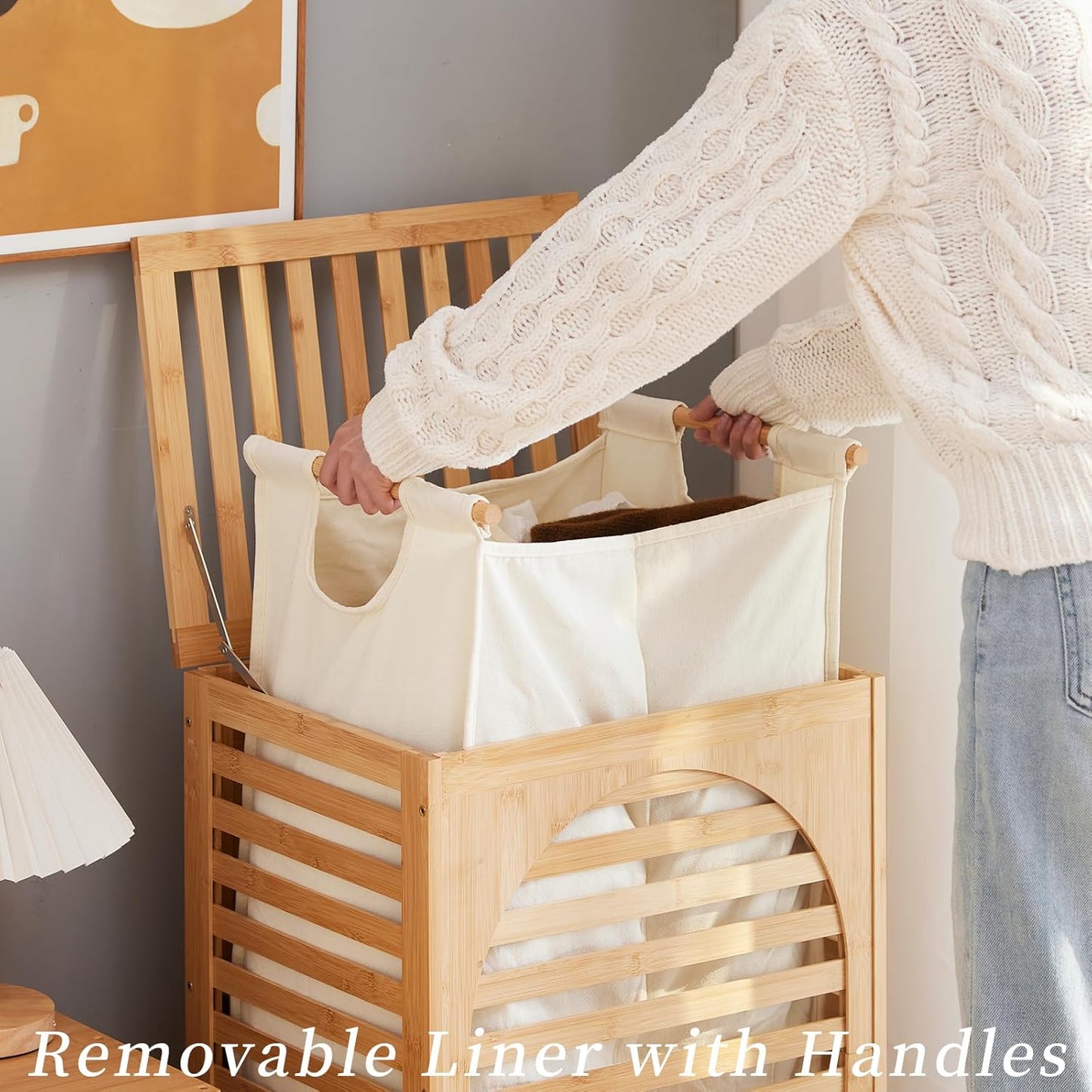 Laundry Hamper with Lid,Bamboo Large Waterproof Clothes Laundry Basket,Removable Washing Bags with Handles,clothes basket (Natural)